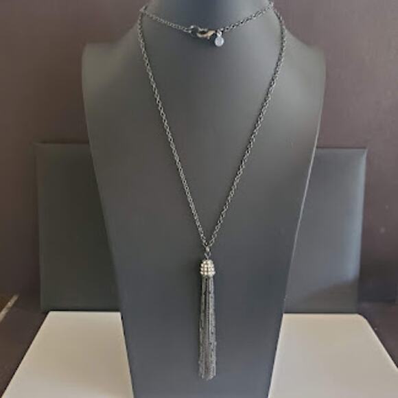 Loft Long Tassel Necklace Black Chain with Rhinestone Accents - Picture 4 of 7